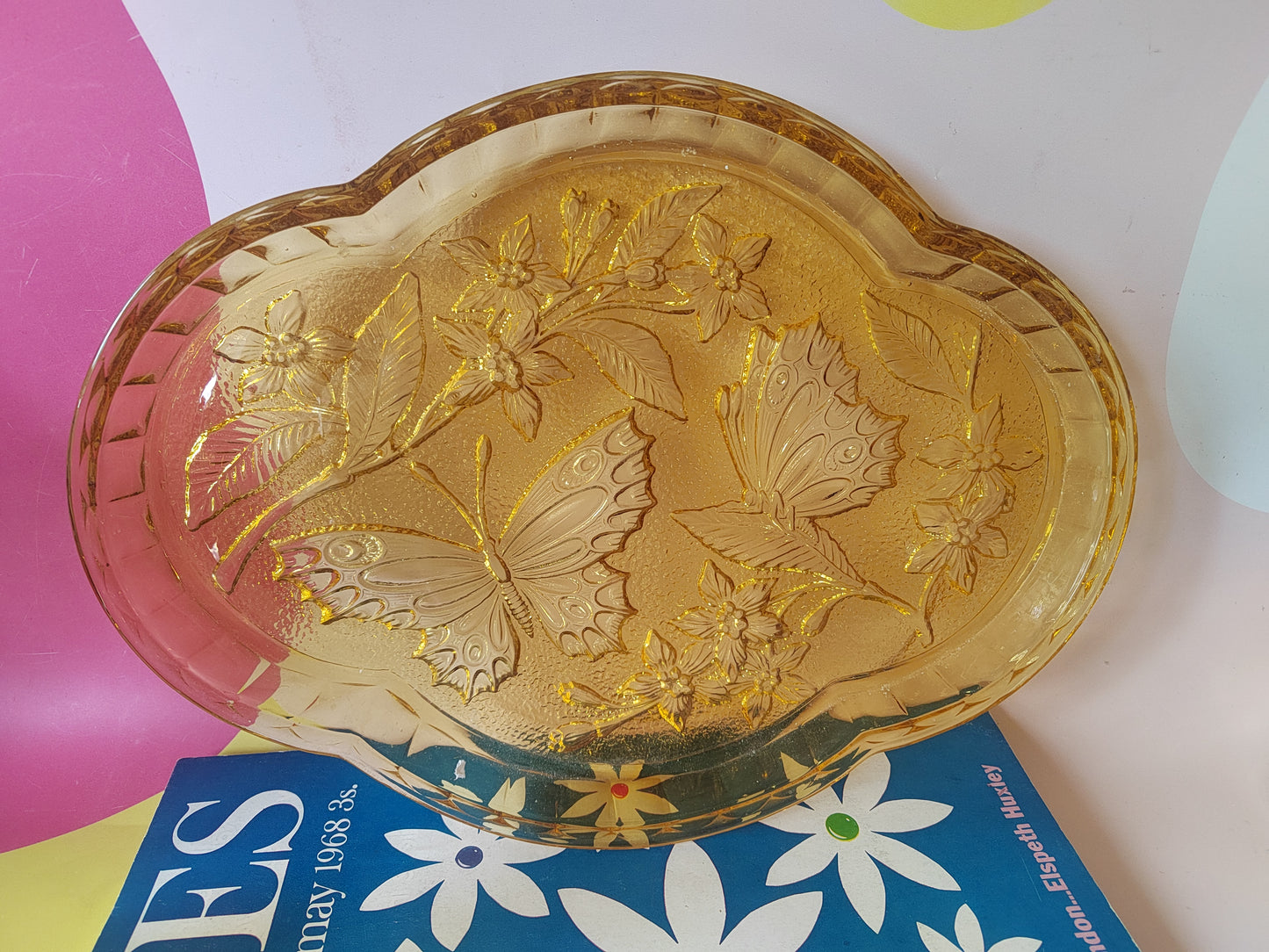 Beautiful Vintage Amber Pressed Glass Dressing Table Tray