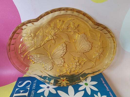 Beautiful Vintage Amber Pressed Glass Dressing Table Tray