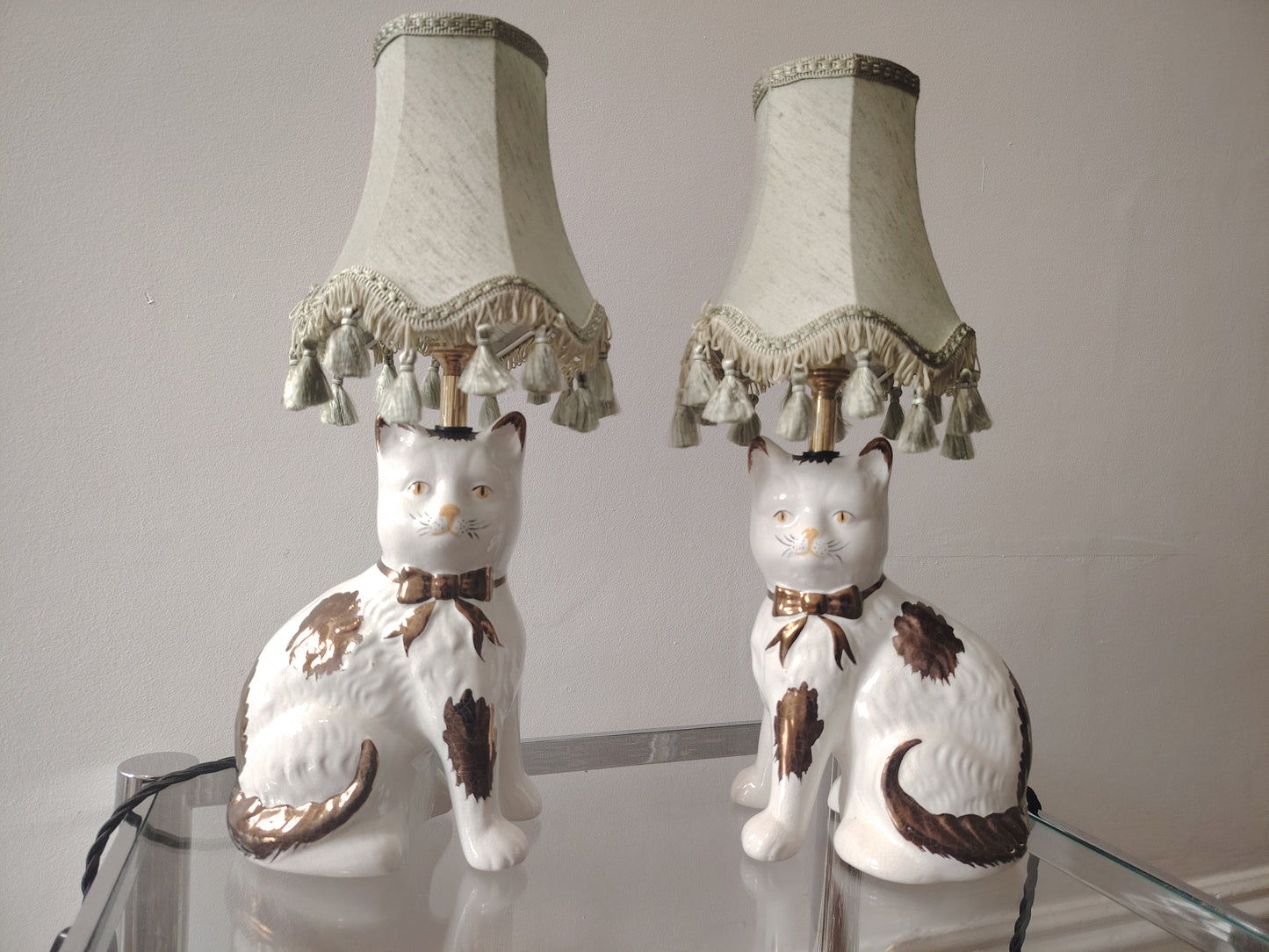 Pair of Vintage Mantle Cat upcycled lamps