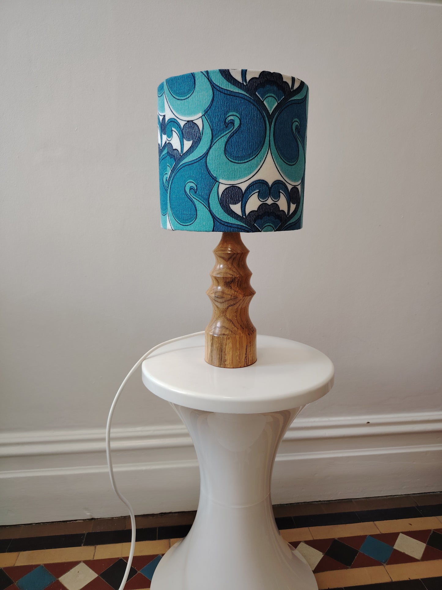 Vintage Turned Wood Lamp with Shade