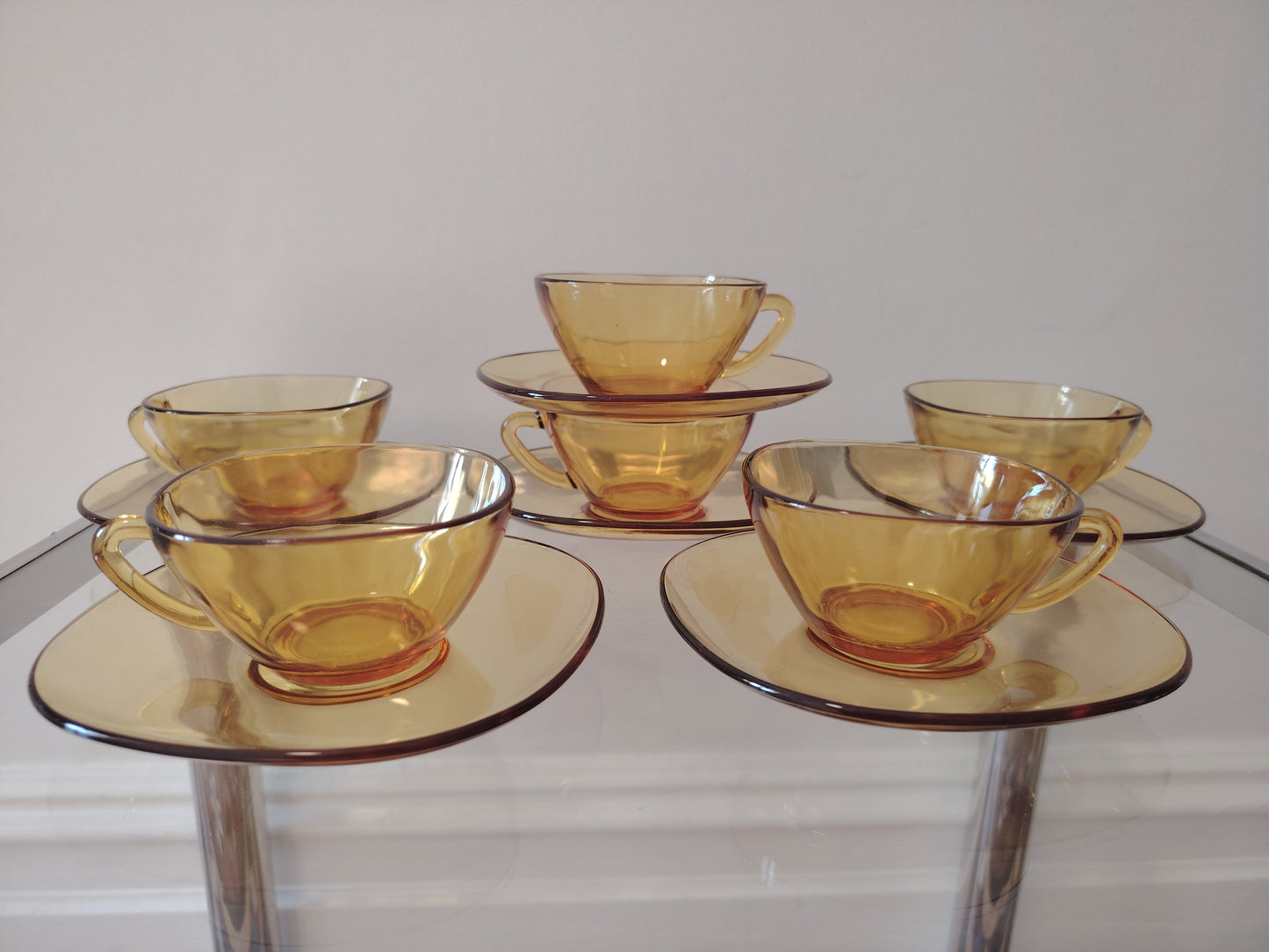 Set of 6 Vintage Amber Glass Cup and Saucers