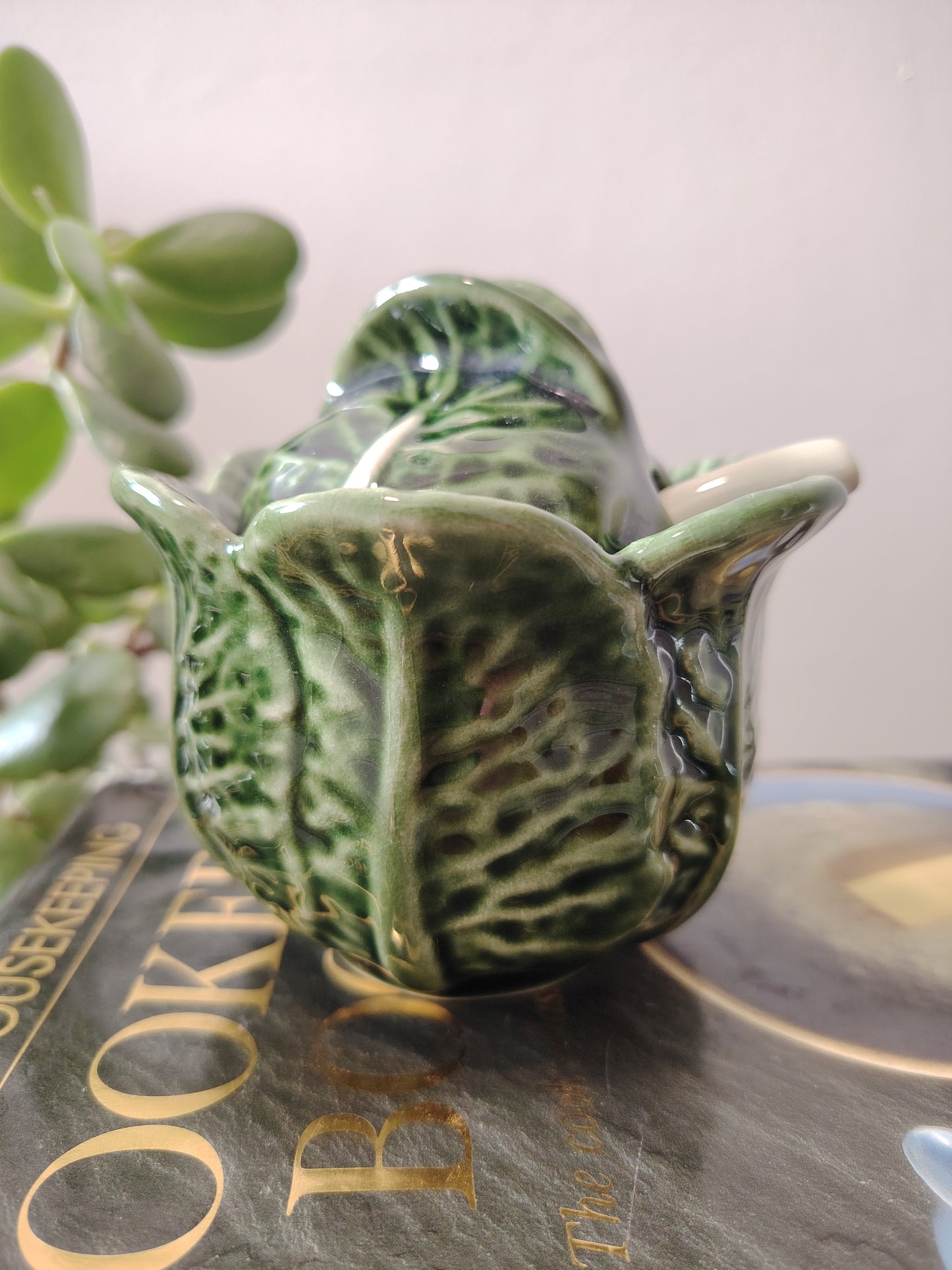 Large Size Vintage Portuguese Cabbage Ware Leaf Condiment Pot with Spoon
