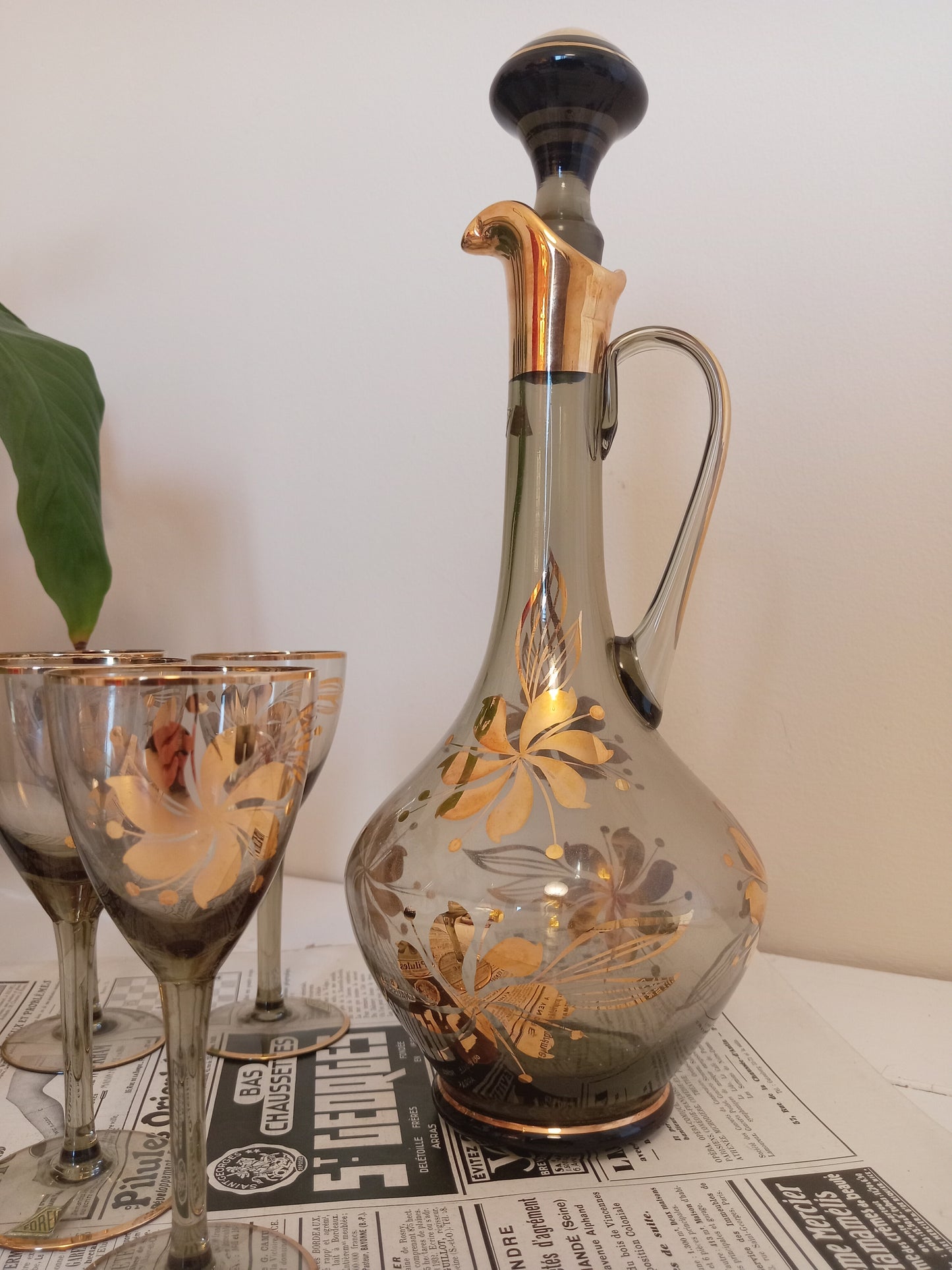 Mid Century Romanian Glass Decanter set and 6 glasses