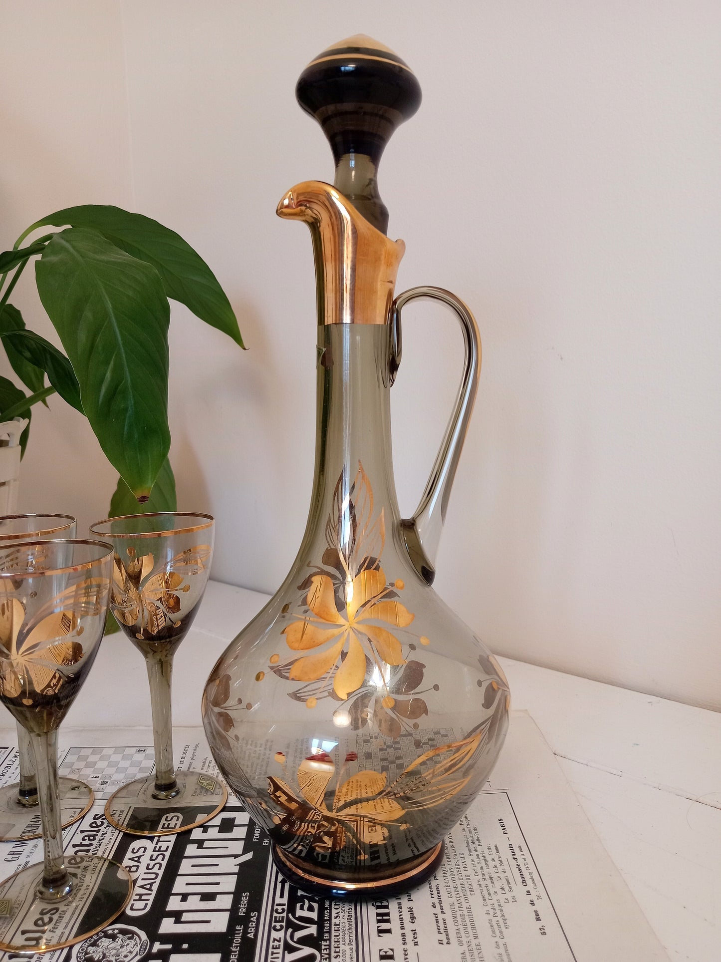 Mid Century Romanian Glass Decanter set and 6 glasses
