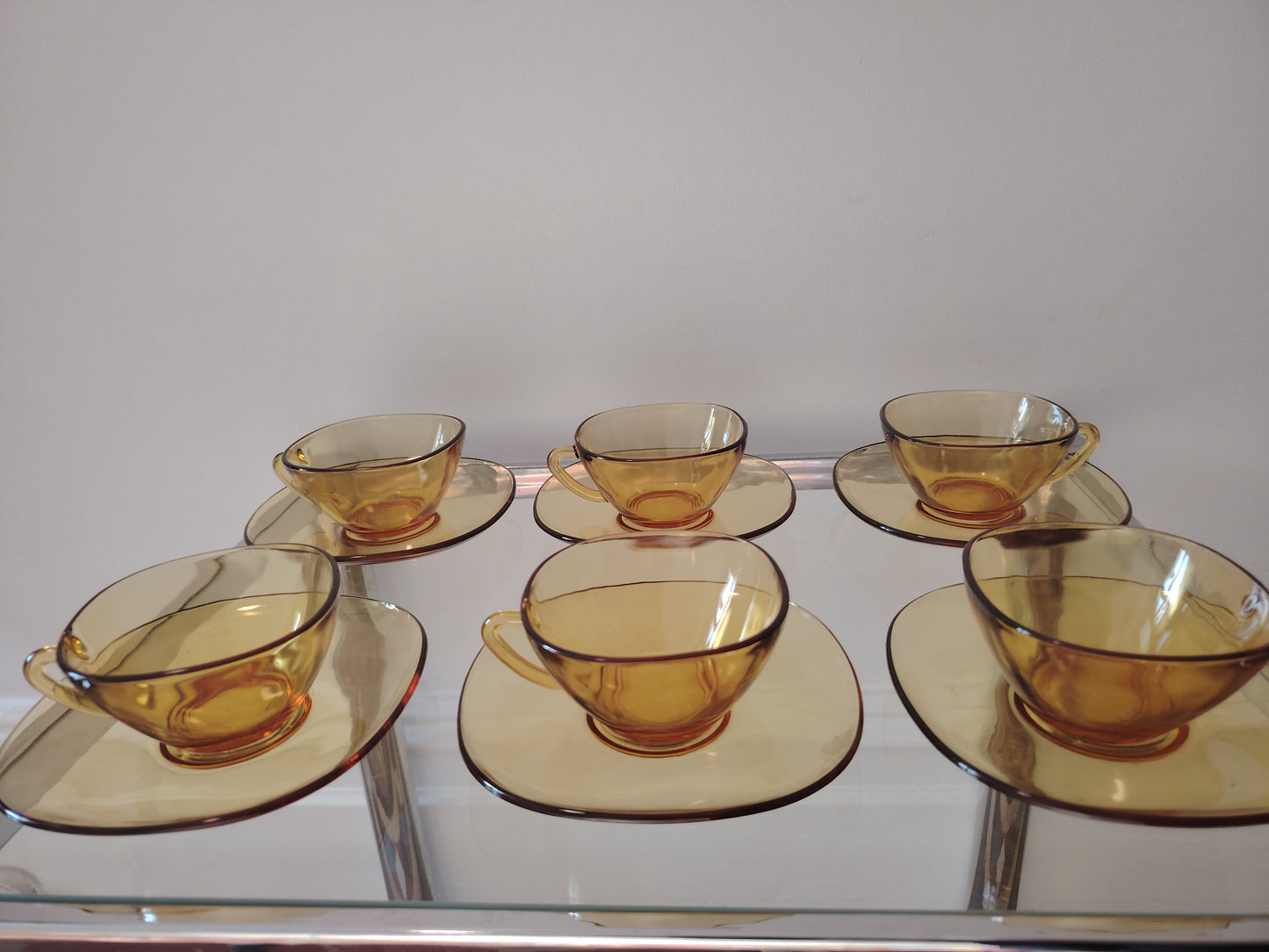 Set of 6 Vintage Amber Glass Cup and Saucers