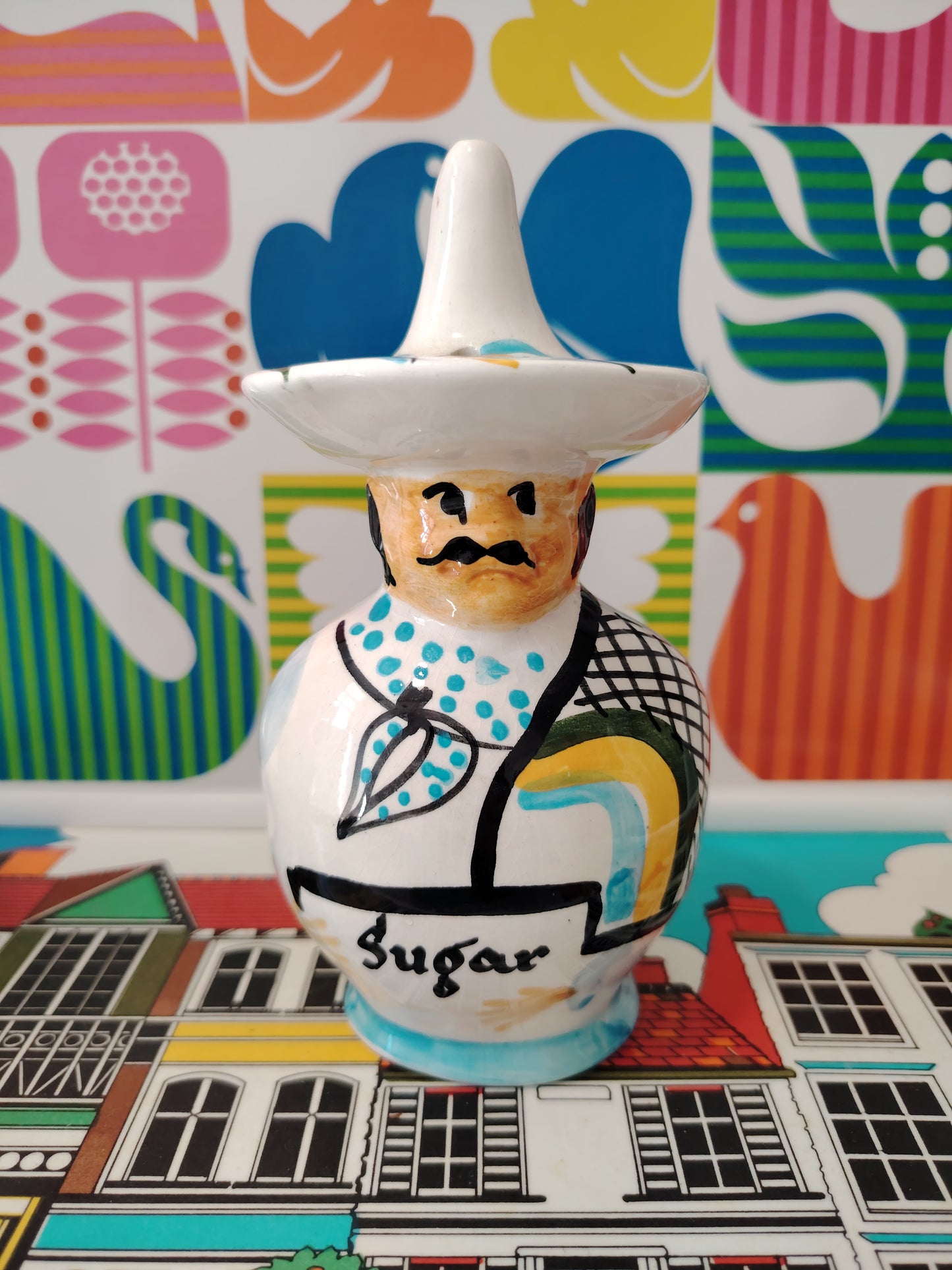 Vintage Toni Raymond Mexican Sugar Shaker blue handkerchief