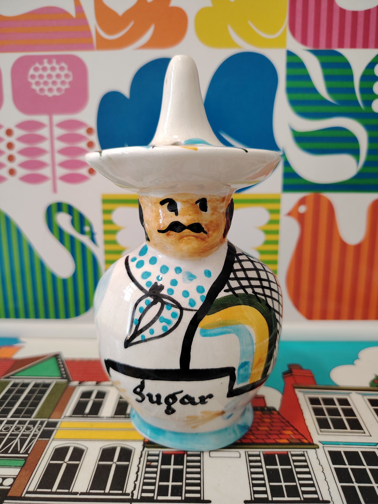 Vintage Toni Raymond Mexican Sugar Shaker blue handkerchief