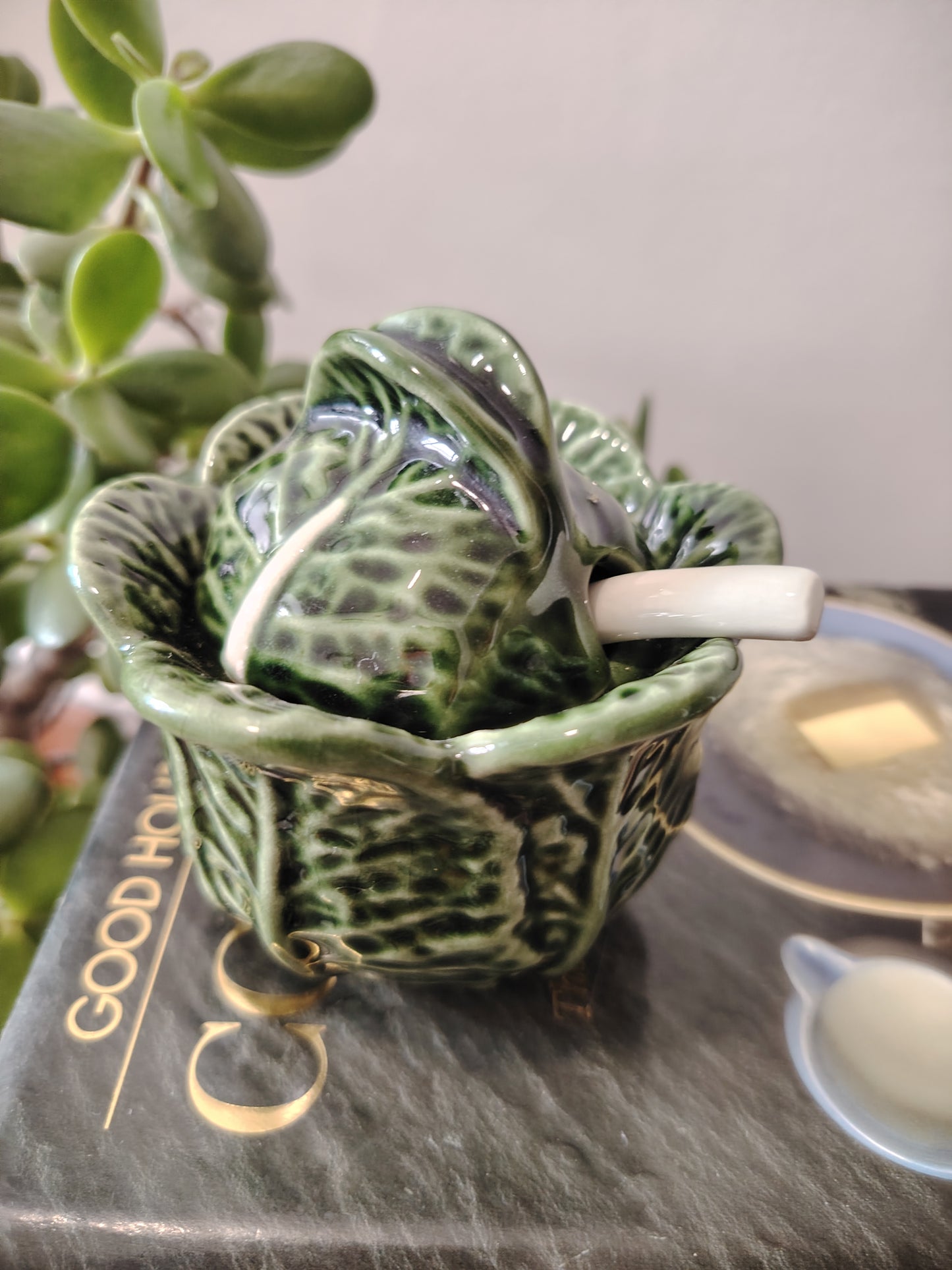 Large Size Vintage Portuguese Cabbage Ware Leaf Condiment Pot with Spoon