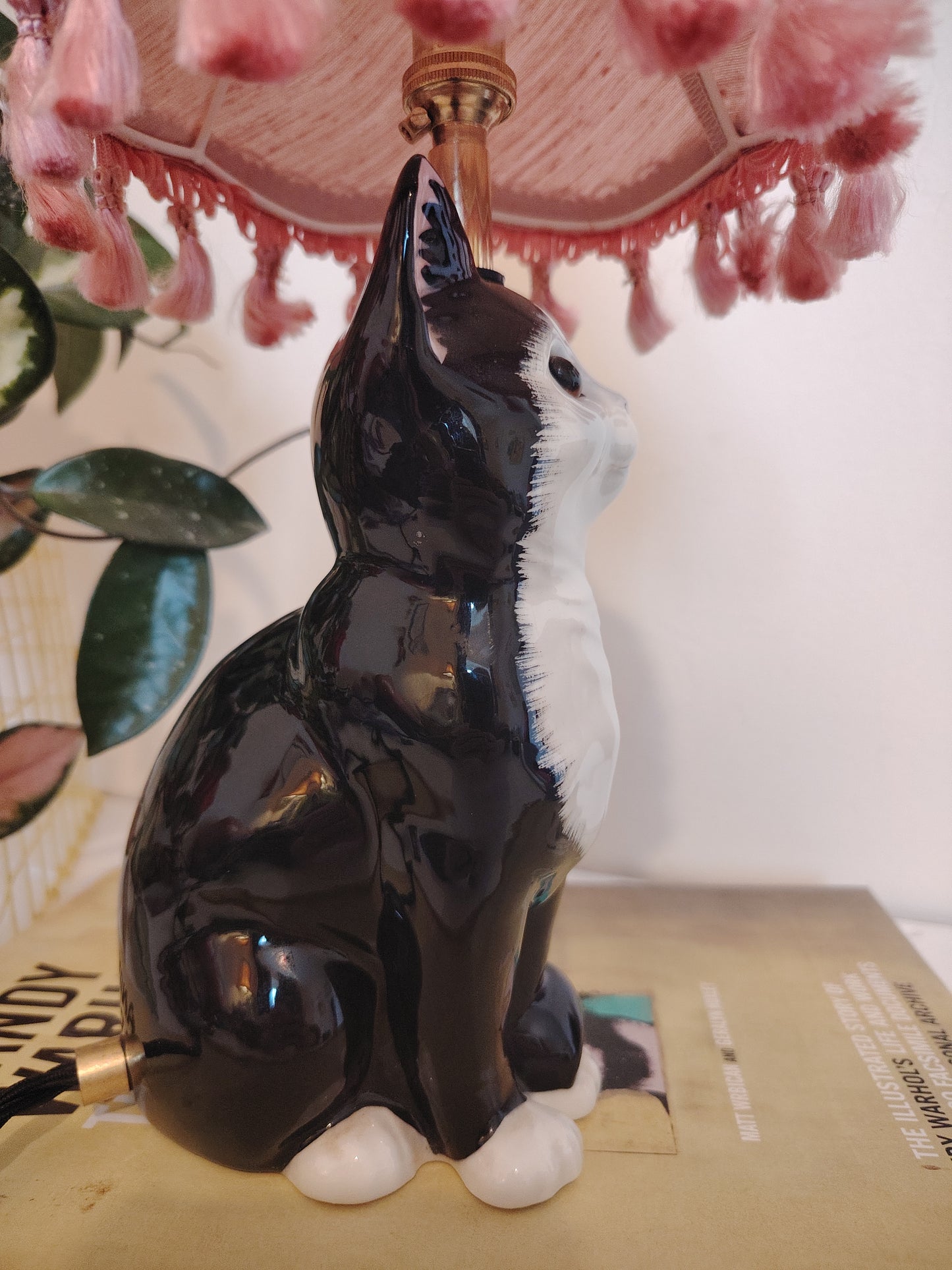 Vintage Upcycled Small Black and White Cat Lamp