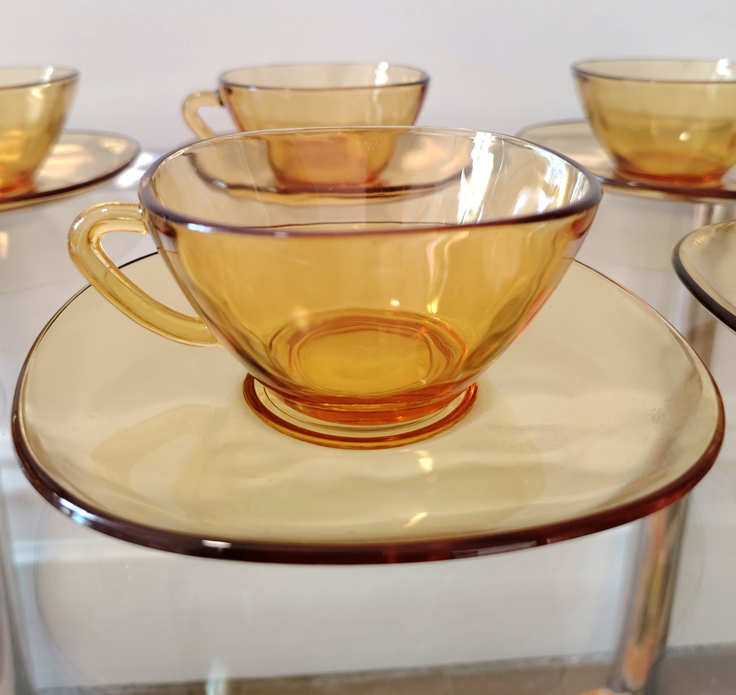 Set of 6 Vintage Amber Glass Cup and Saucers