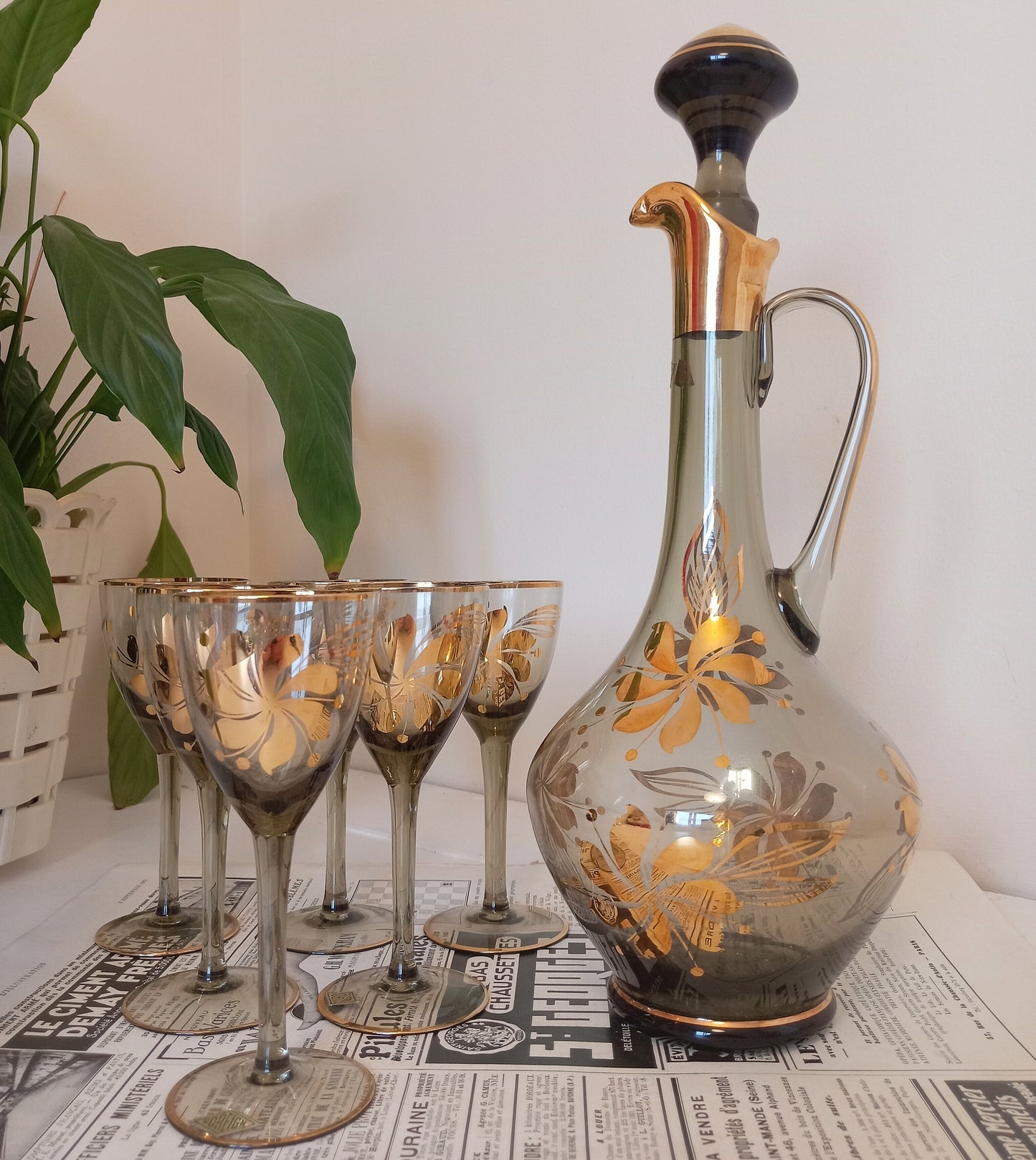Mid Century Romanian Glass Decanter set and 6 glasses