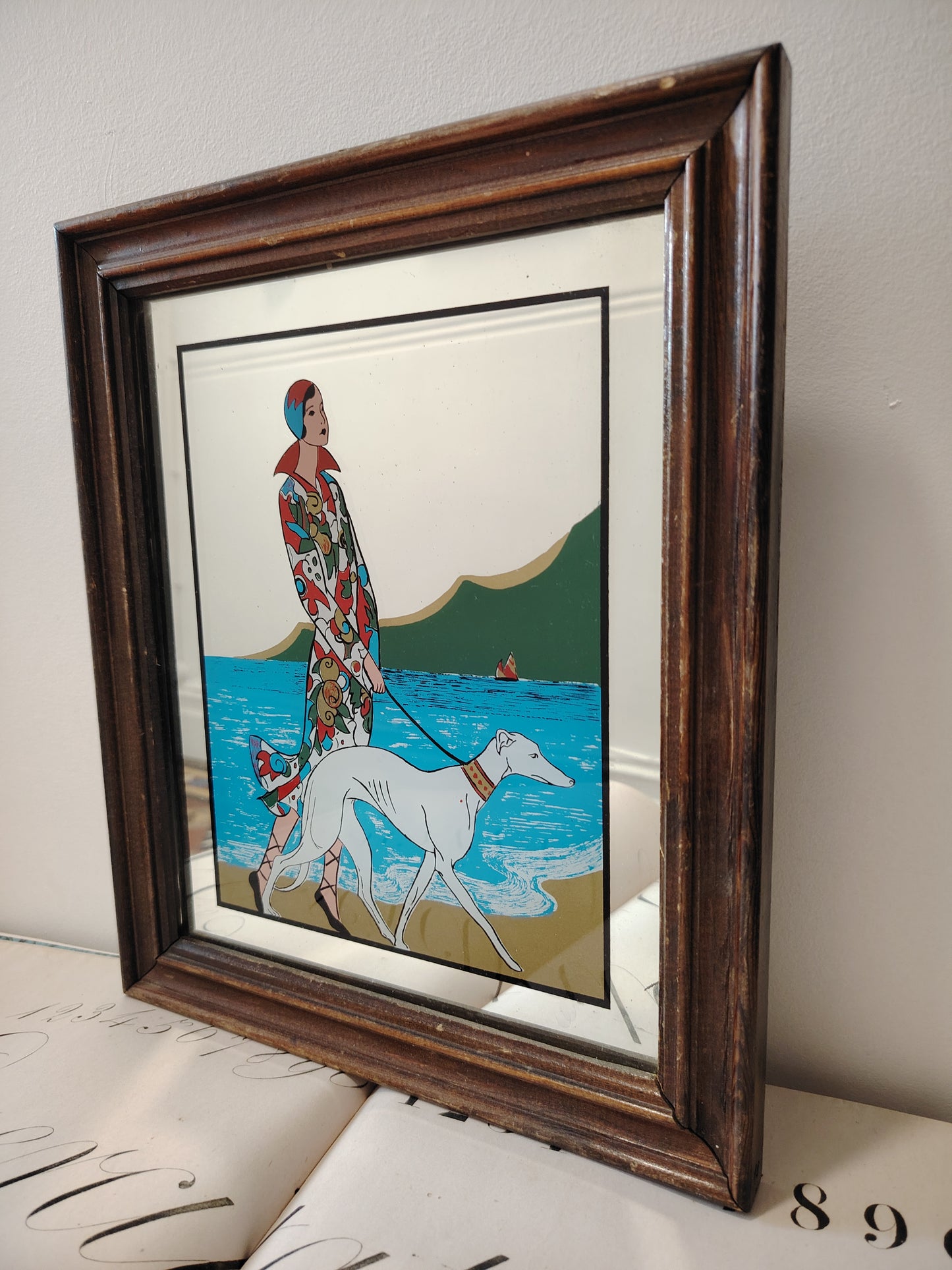 Art Deco Style Picture Mirror Lady and Greyhound