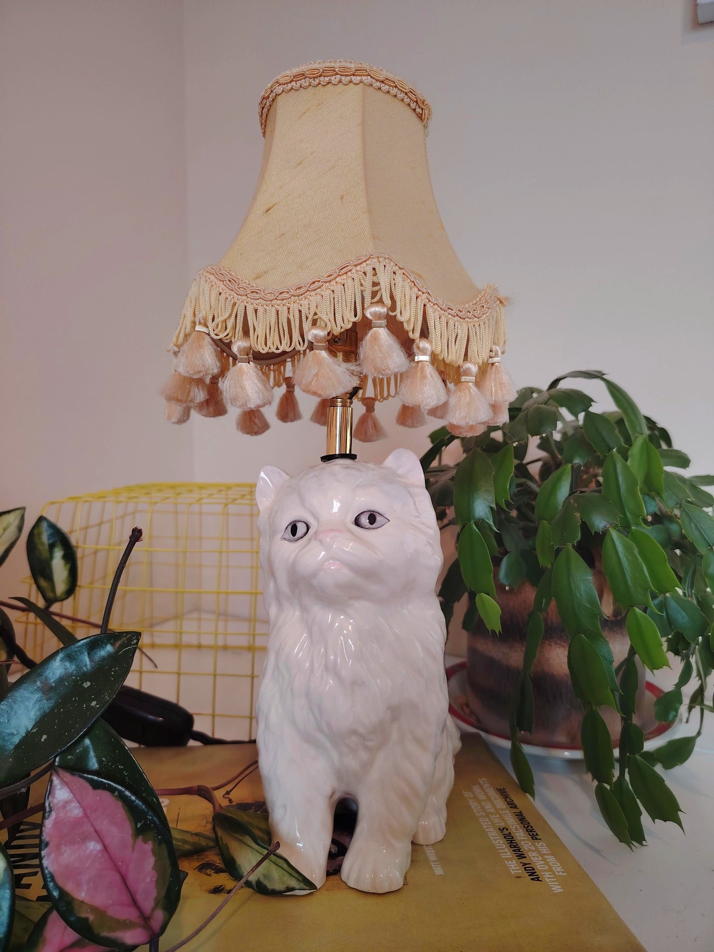 Vintage Upcycled White Kitten Lamp