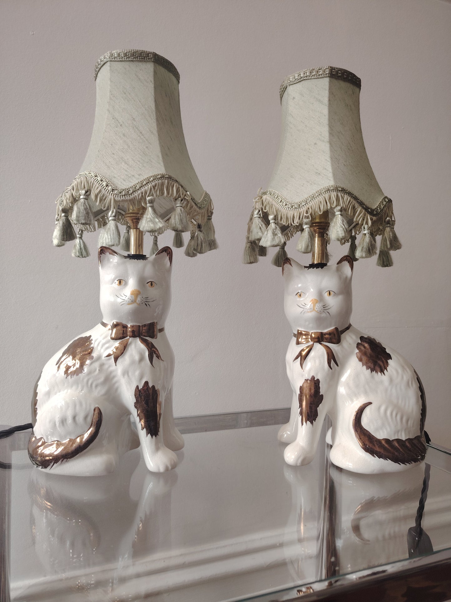 Pair of Vintage Mantle Cat upcycled lamps