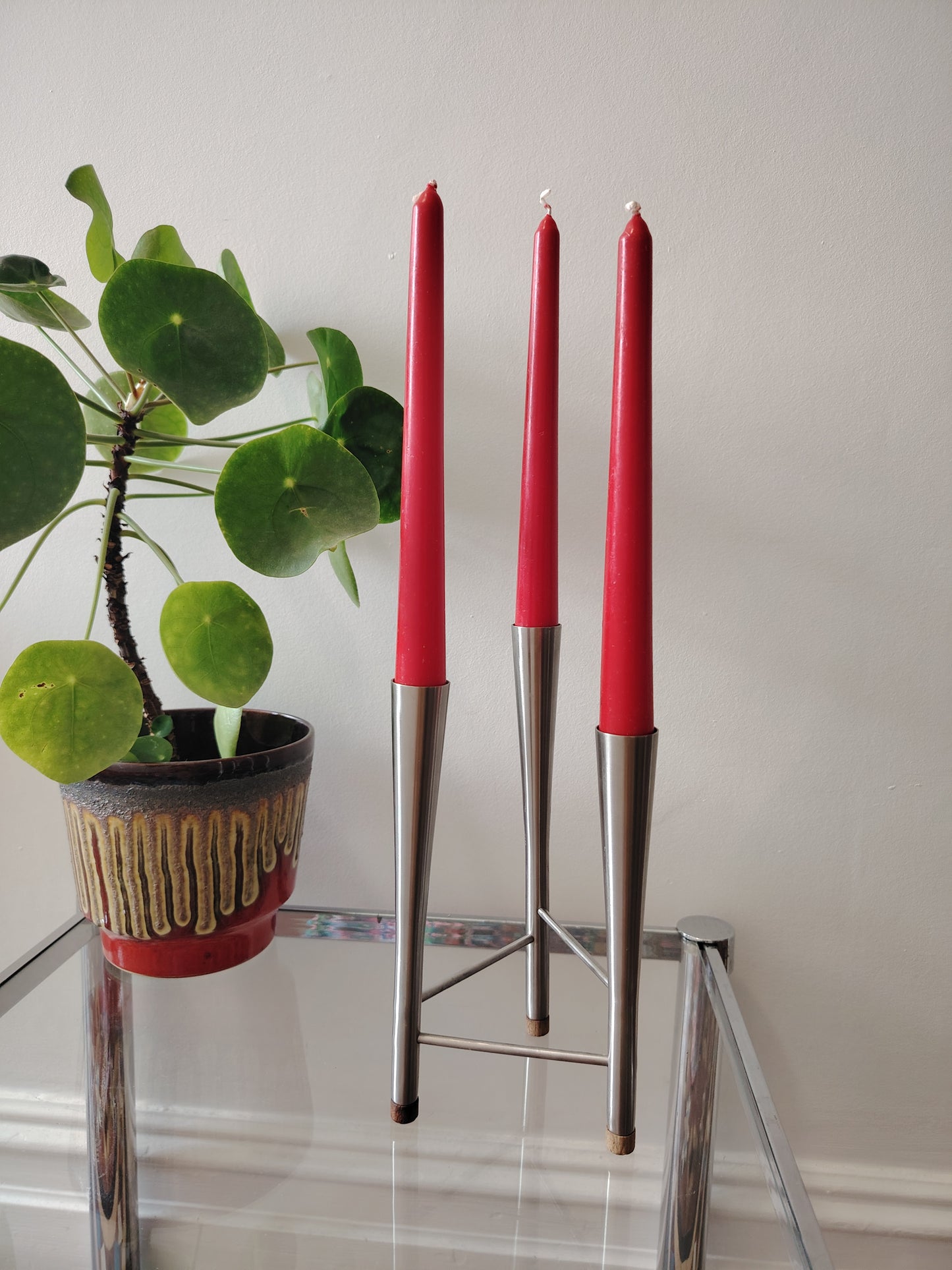 Old Hall Stainless Steel Triple Candle Holder by Robert Welch/ Mid Century Candle Holder
