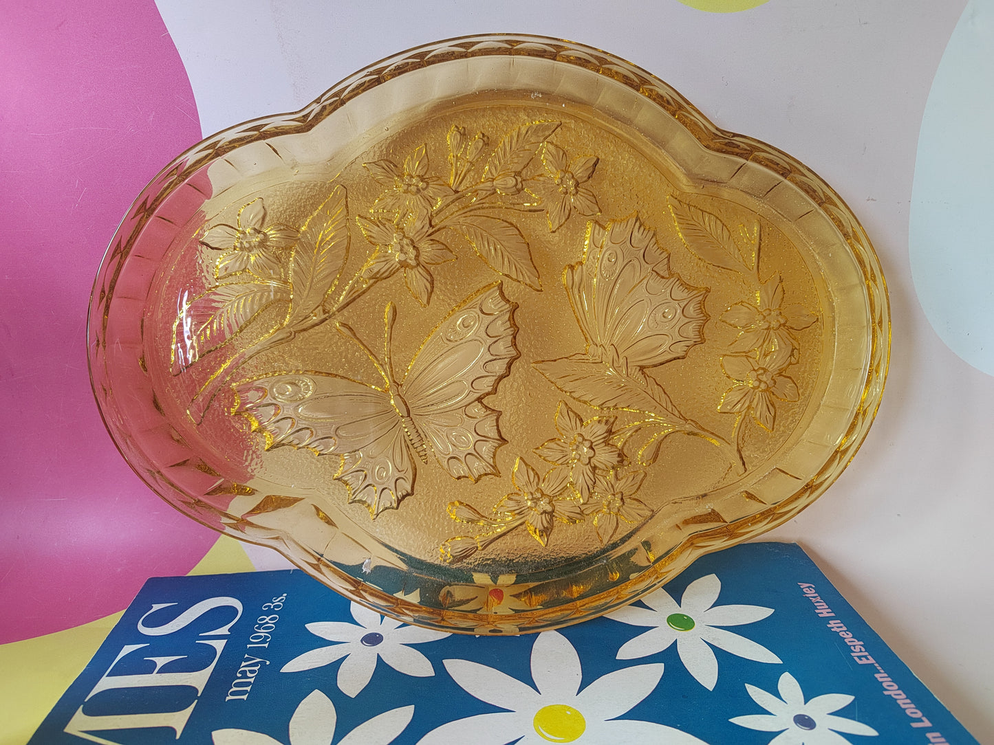 Beautiful Vintage Amber Pressed Glass Dressing Table Tray