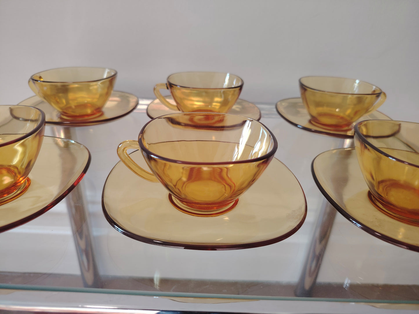 Set of 6 Vintage Amber Glass Cup and Saucers