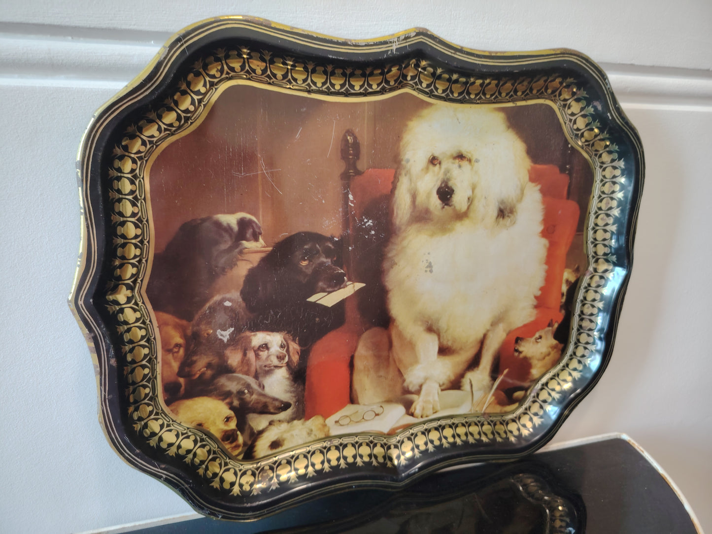 Large Vintage "Lay down the law" dogs art Metal Tray