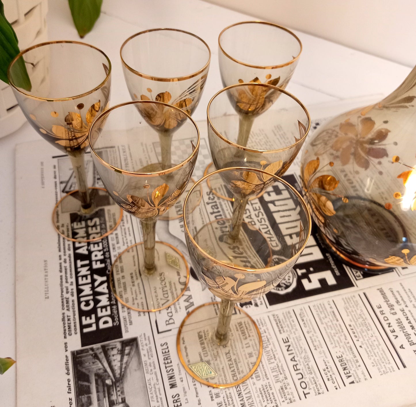 Mid Century Romanian Glass Decanter set and 6 glasses
