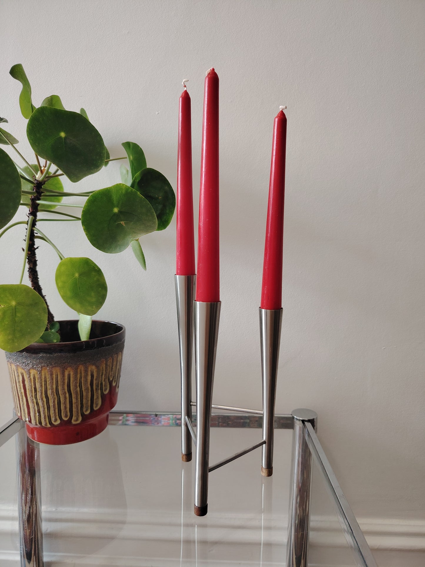 Old Hall Stainless Steel Triple Candle Holder by Robert Welch/ Mid Century Candle Holder