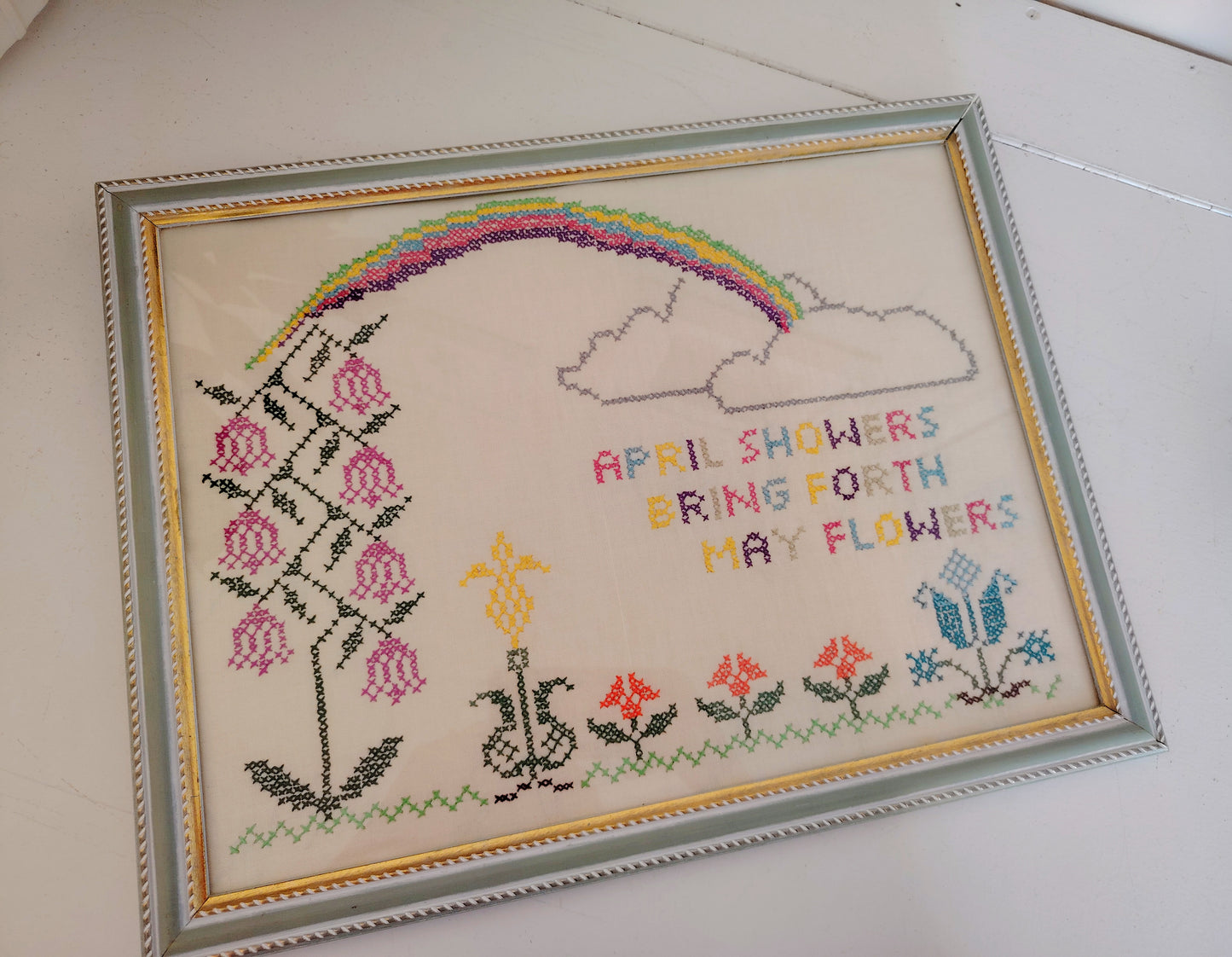 Sweet Vintage Embroidery "April Showers Bring Forth May Flowers"
