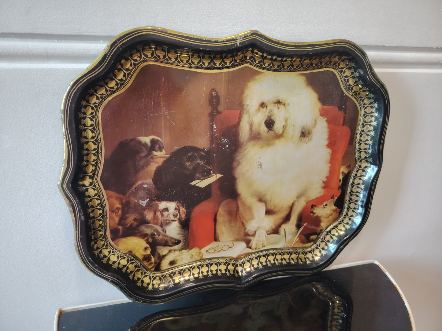 Large Vintage "Lay down the law" dogs art Metal Tray