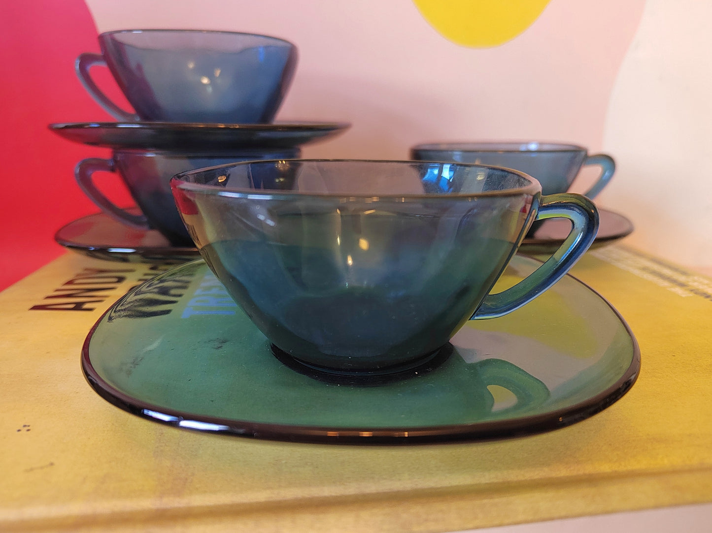 Set of 4 Vintage Blue Glass Cup and Saucers