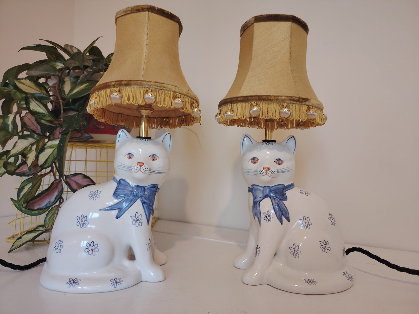 Pair of Vintage Upcycled Floral Cat Lamps