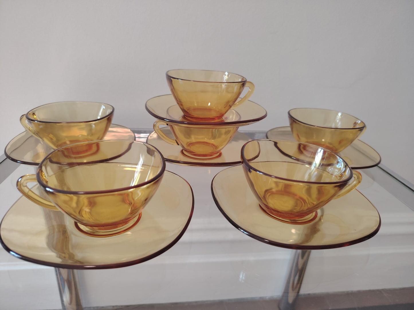 Set of 6 Vintage Amber Glass Cup and Saucers