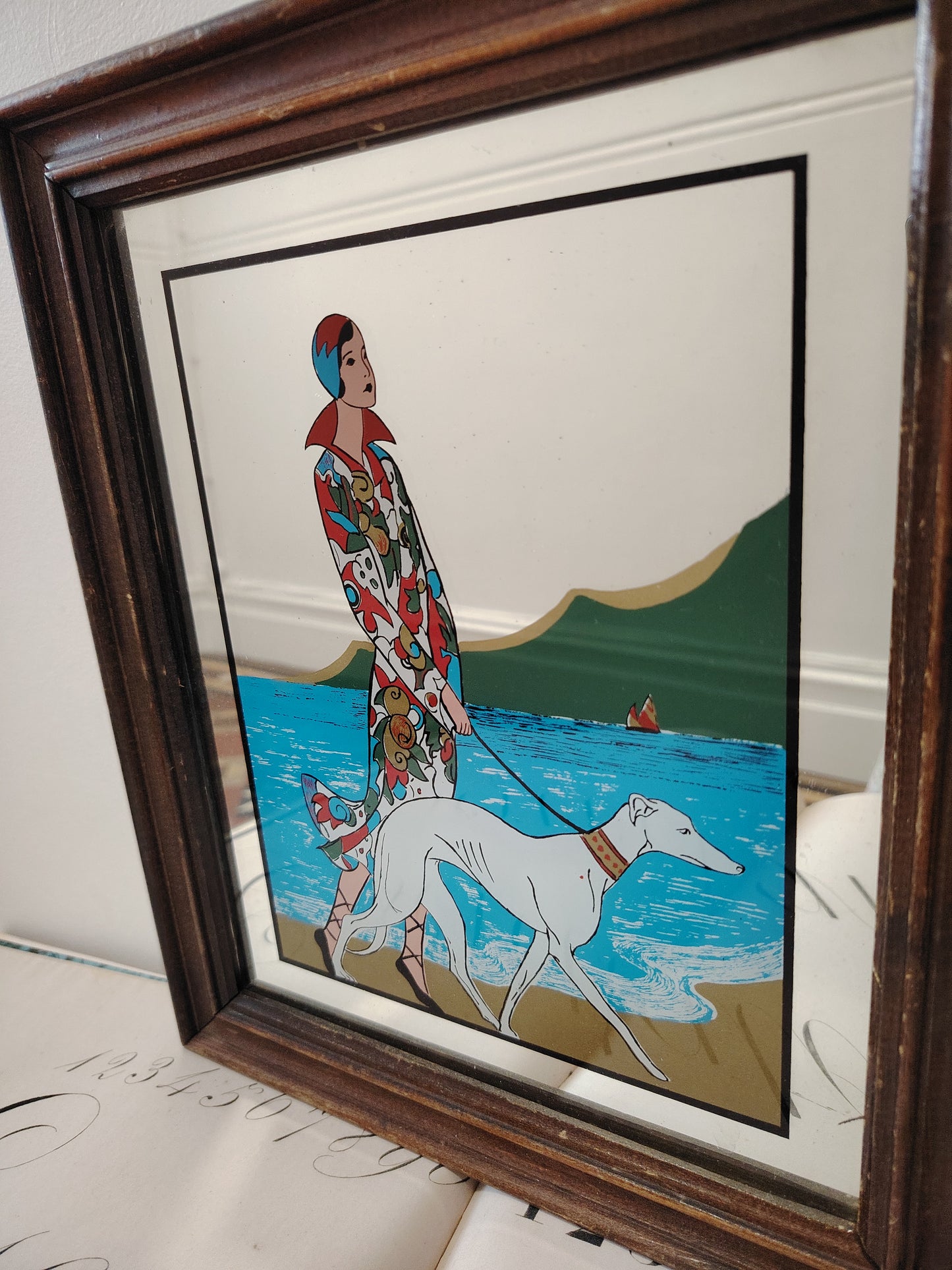Art Deco Style Picture Mirror Lady and Greyhound