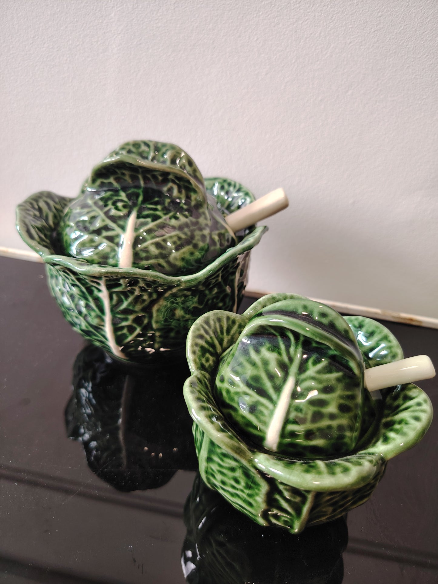 Large Size Vintage Portuguese Cabbage Ware Leaf Condiment Pot with Spoon