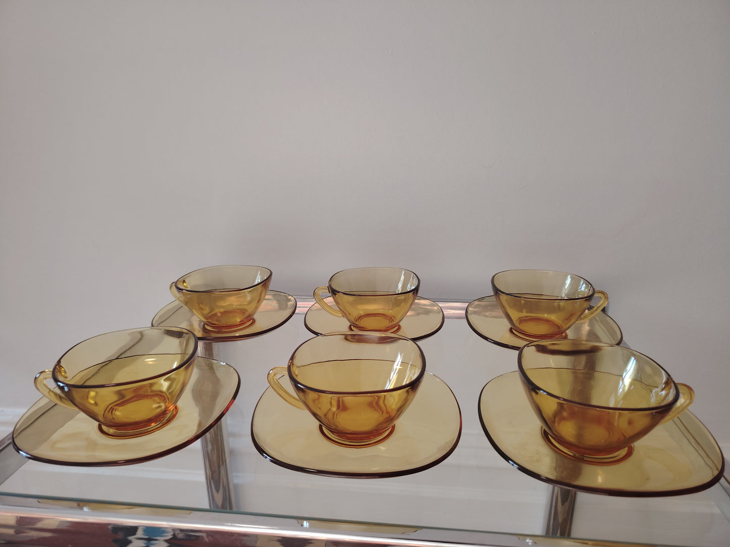 Set of 6 Vintage Amber Glass Cup and Saucers