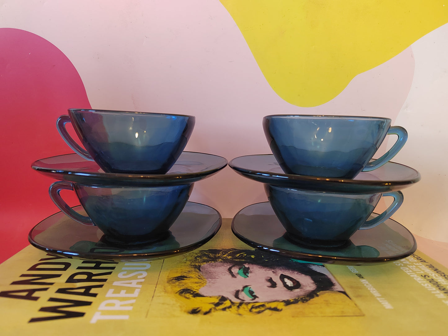 Set of 4 Vintage Blue Glass Cup and Saucers