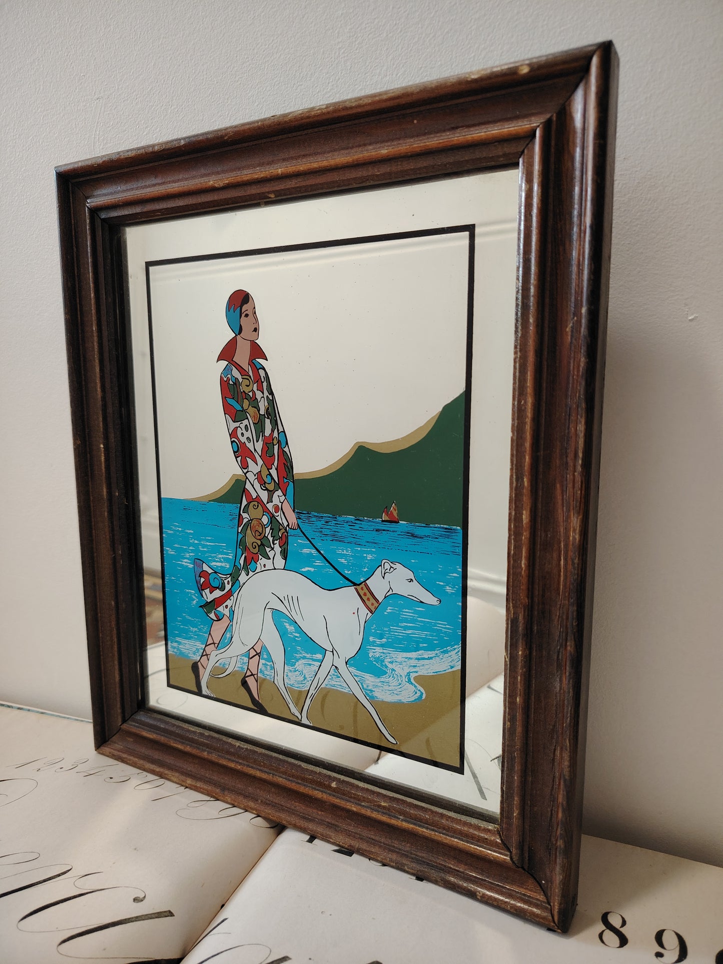 Art Deco Style Picture Mirror Lady and Greyhound