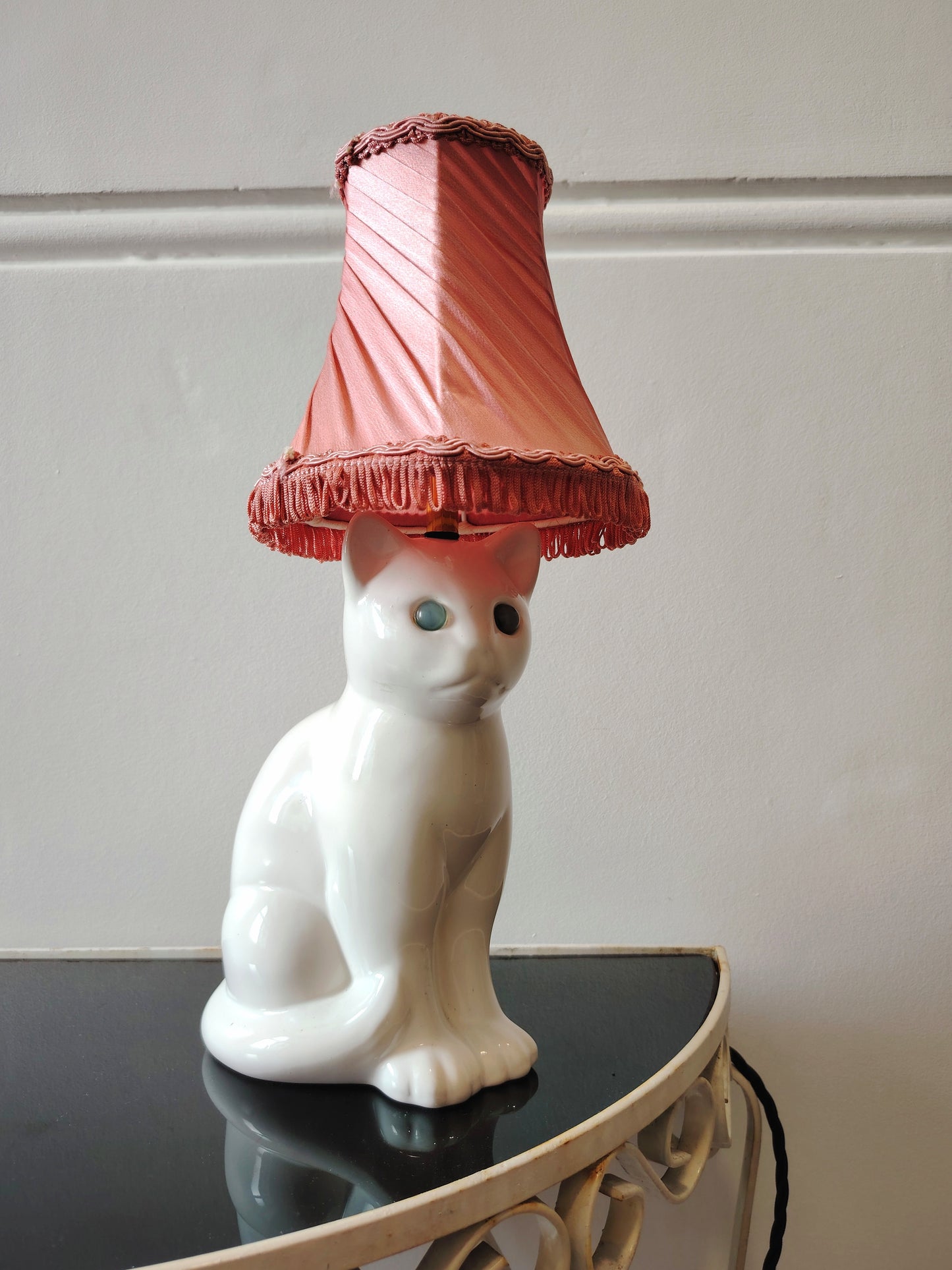 Vintage Small White Upcycled Cat lamp