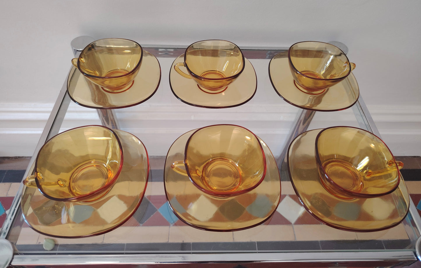 Set of 6 Vintage Amber Glass Cup and Saucers
