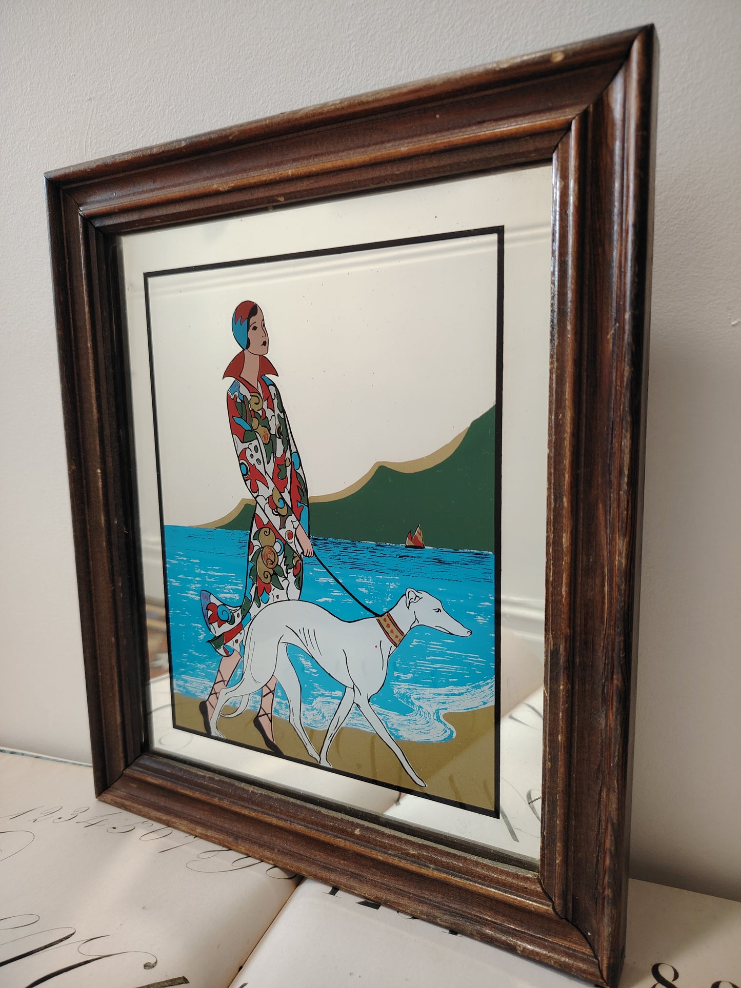 Art Deco Style Picture Mirror Lady and Greyhound