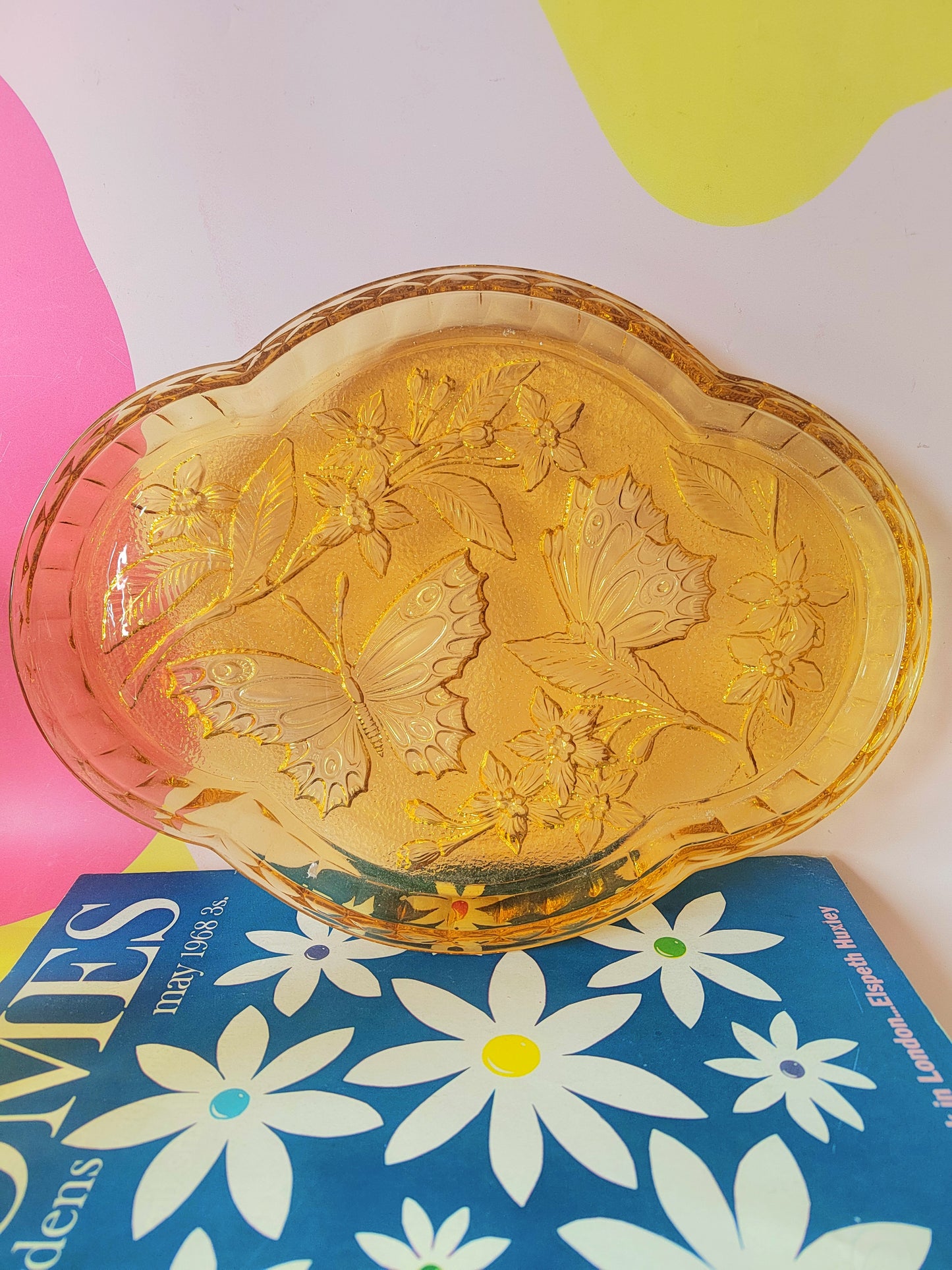 Beautiful Vintage Amber Pressed Glass Dressing Table Tray