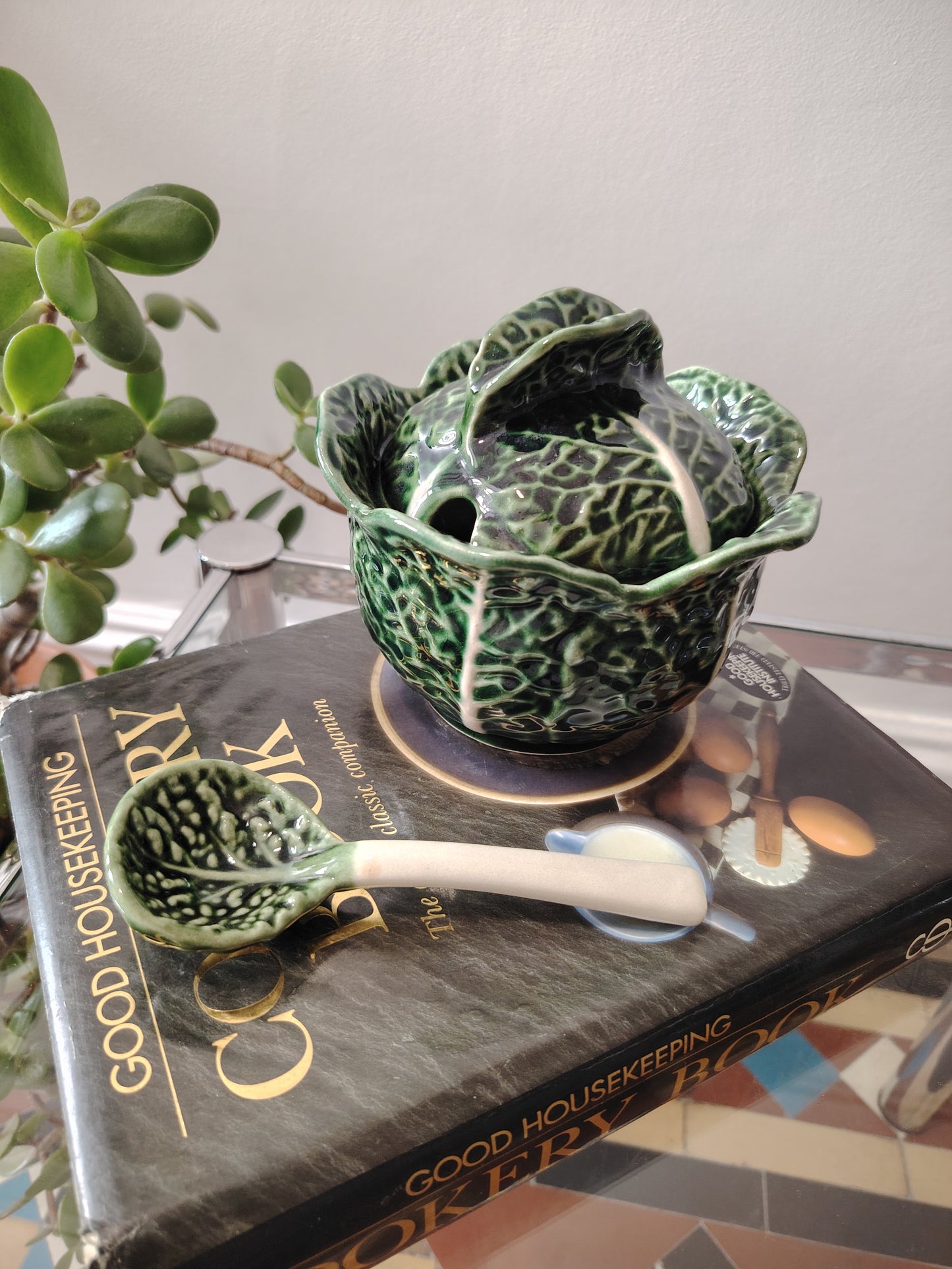 Large Size Vintage Portuguese Cabbage Ware Leaf Condiment Pot with Spoon
