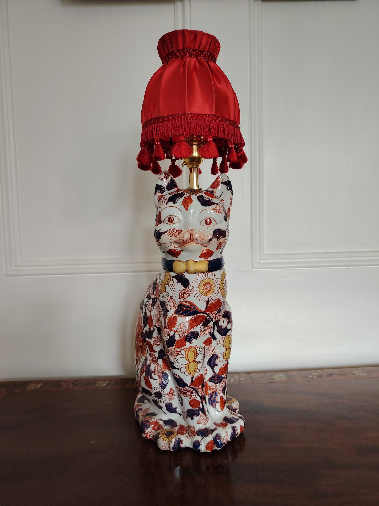 Reworked Antique Floral Imari Cat Lamp