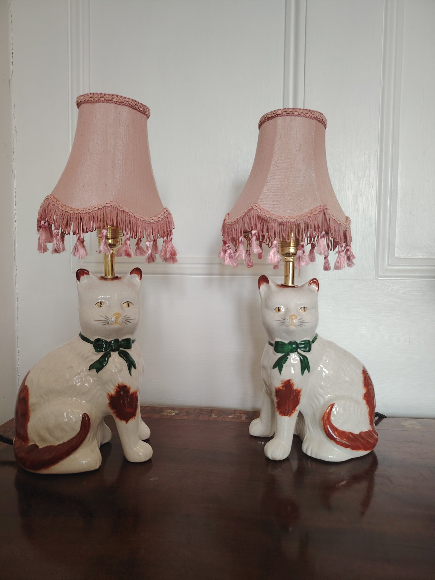 Vintage Pair of Reworked Staffordshire Style Cat Lamps With Pink Shades