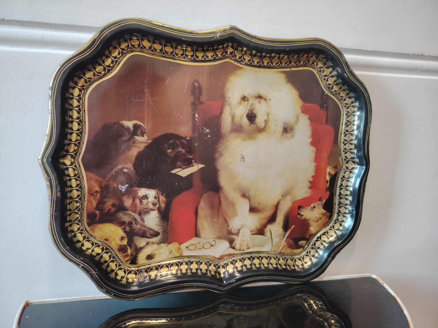 Large Vintage "Lay down the law" dogs art Metal Tray