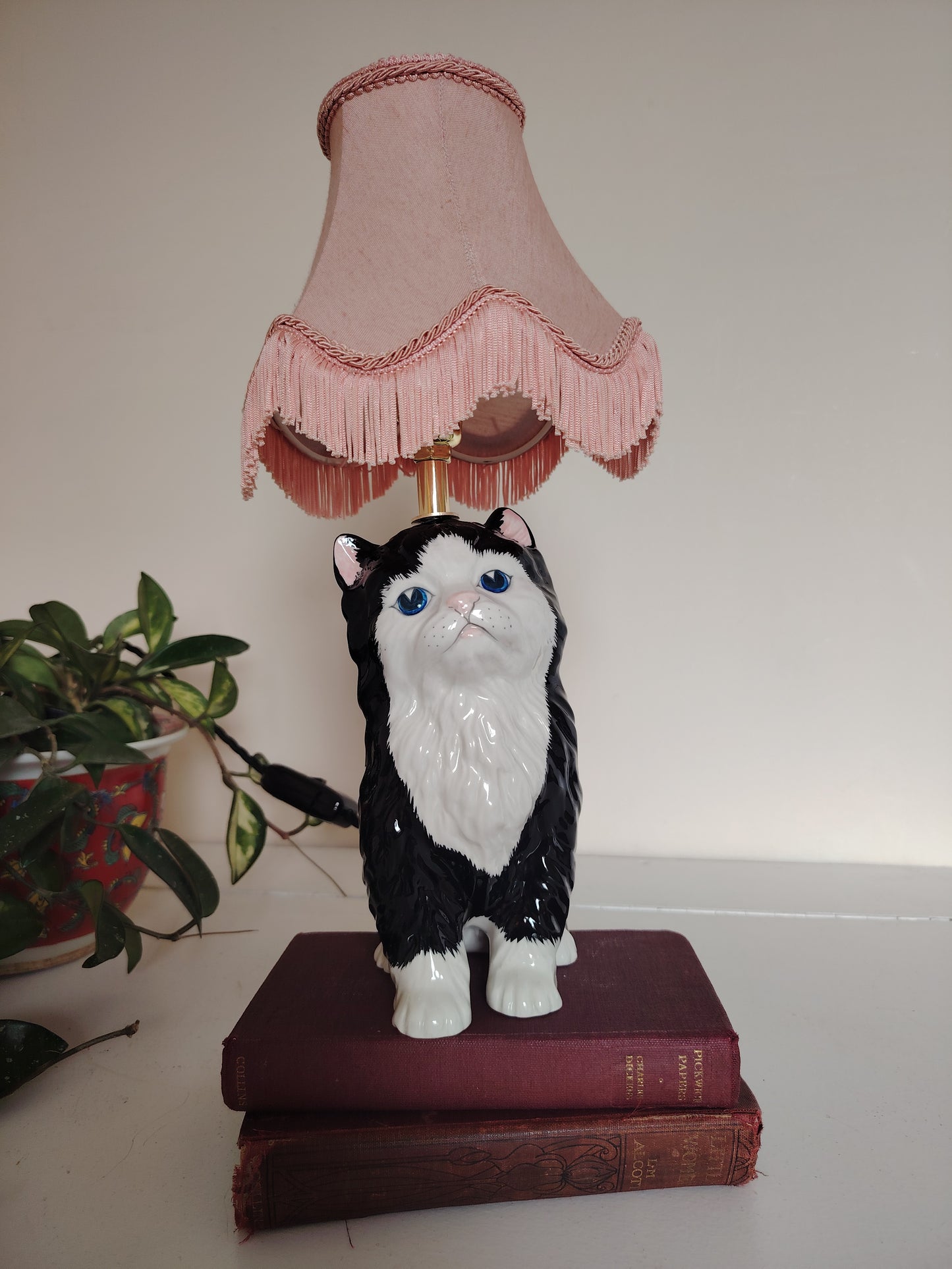 Vintage Reworked Small Fluffy Tuxedo Cat Lamp