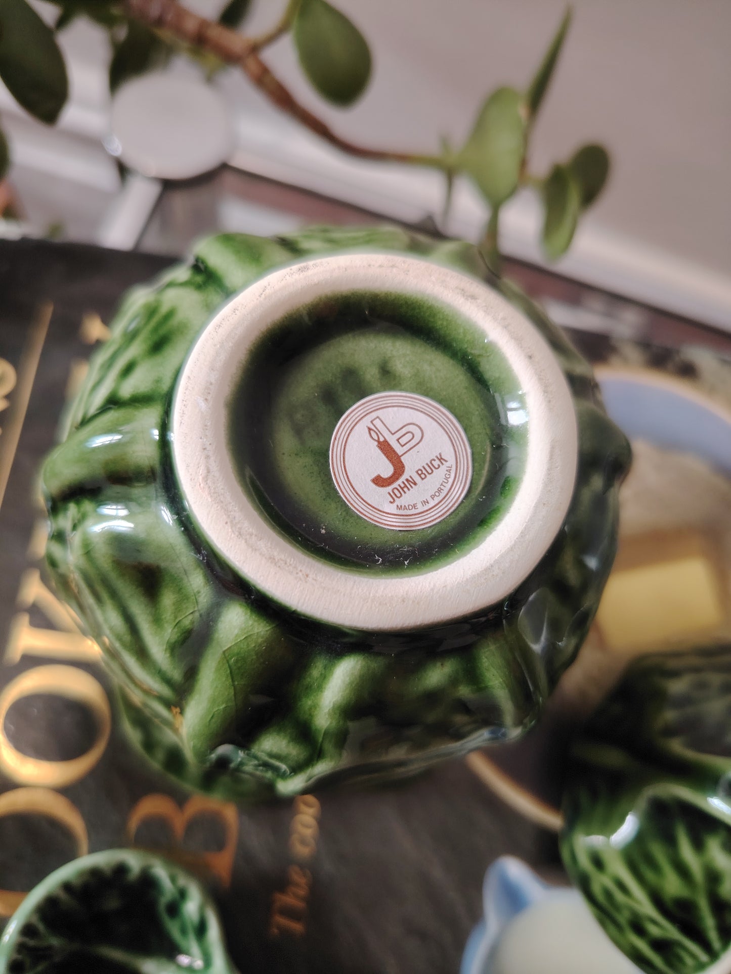 Large Size Vintage Portuguese Cabbage Ware Leaf Condiment Pot with Spoon