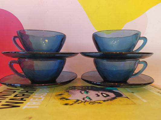 Set of 4 Vintage Blue Glass Cup and Saucers