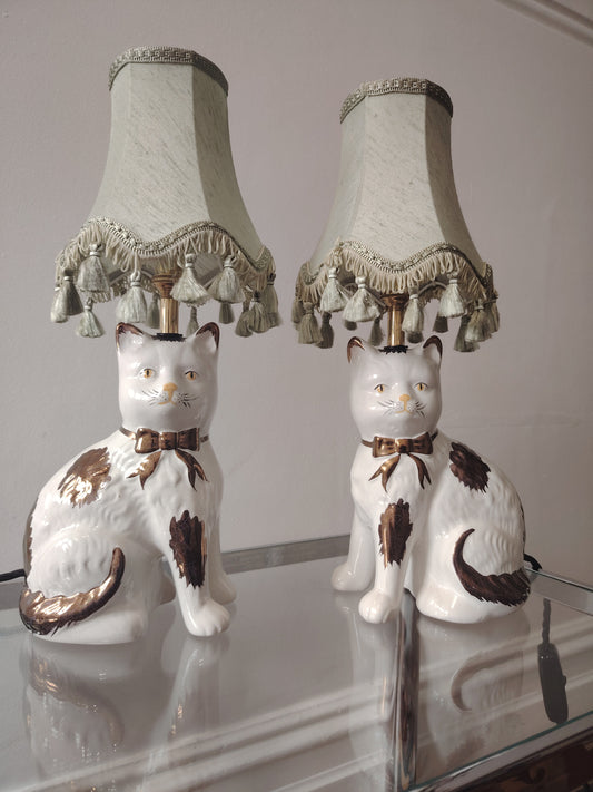 Pair of Vintage Mantle Cat upcycled lamps