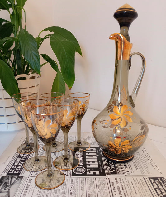 Mid Century Romanian Glass Decanter set and 6 glasses