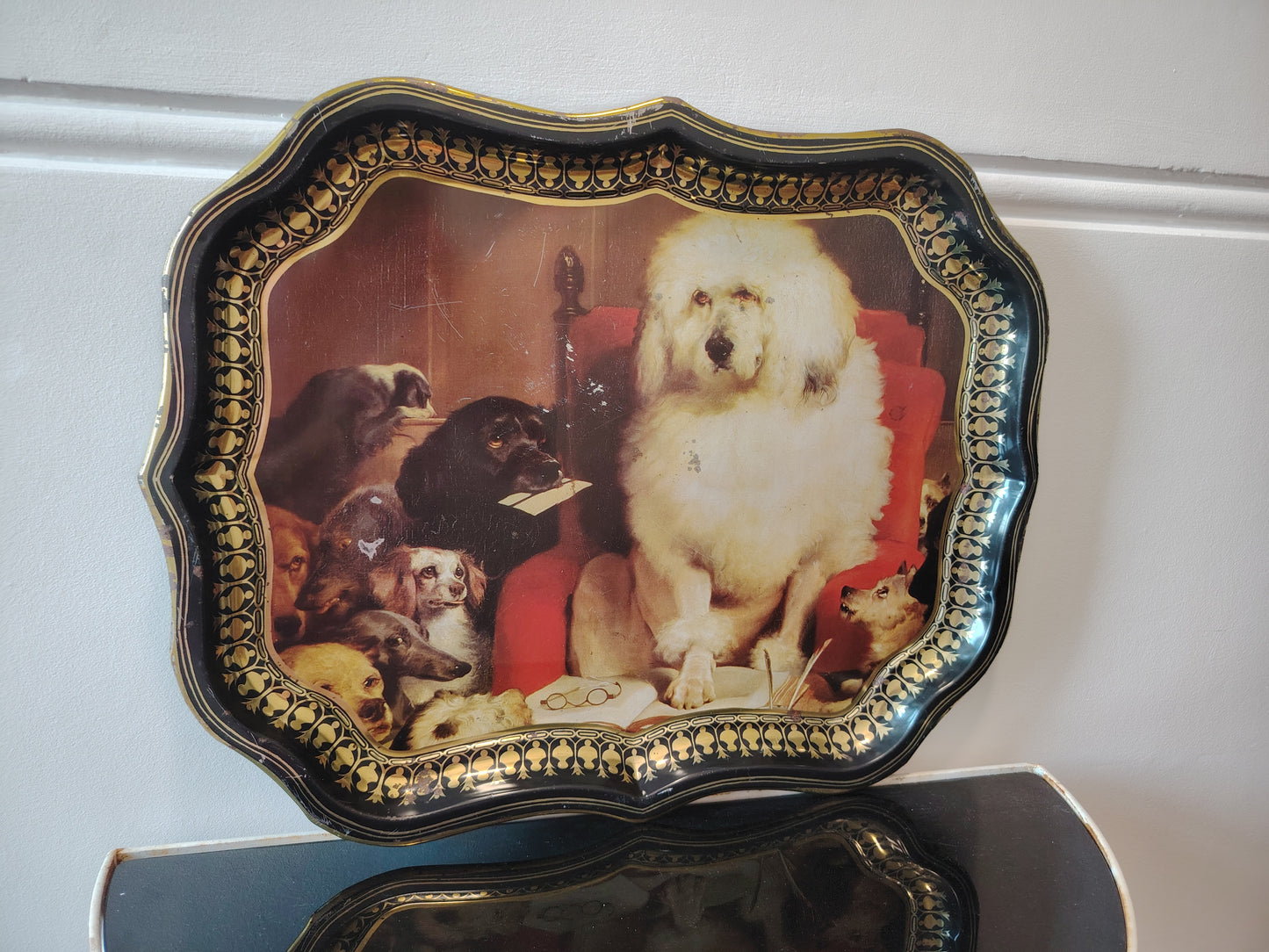 Large Vintage "Lay down the law" dogs art Metal Tray