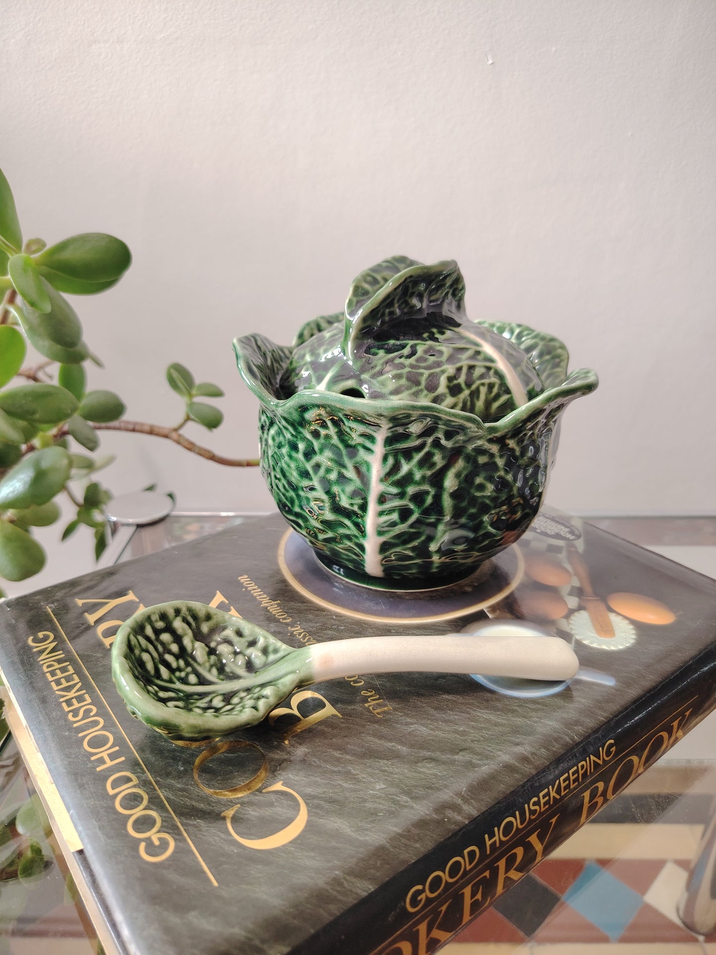 Large Size Vintage Portuguese Cabbage Ware Leaf Condiment Pot with Spoon
