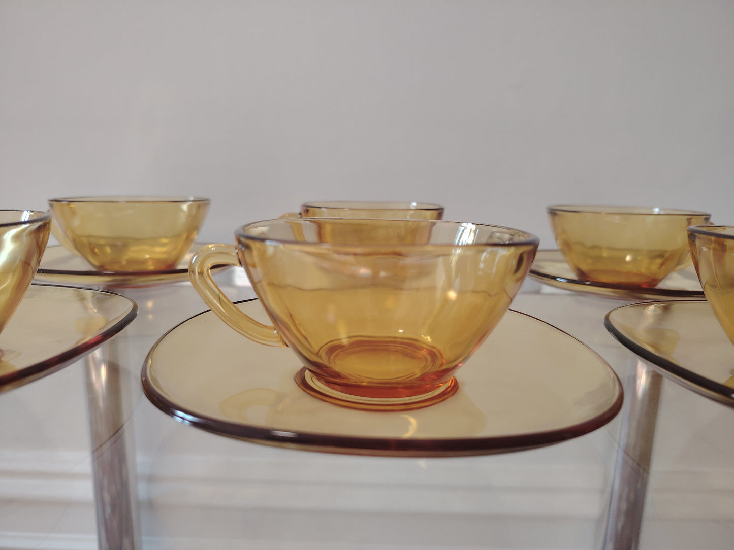 Set of 6 Vintage Amber Glass Cup and Saucers